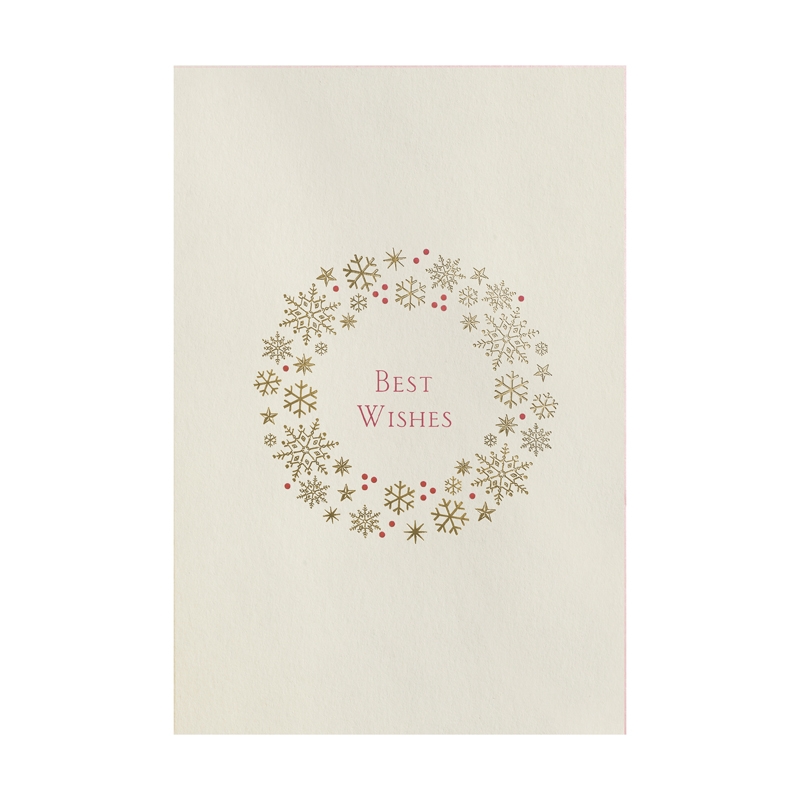 Holiday Greeting Cards - Embossed Gold Snowflake Wreath - Red Best Wishes - 3432